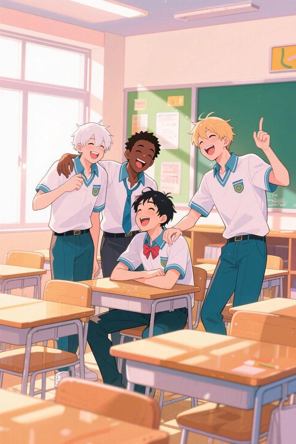 Masterpiece Best quality, Ilustración anime de un grupo de chicas anime universitarias naked,schoolchildren standing in a classroom, Everyone blushes and sticks out their tongues., everyone is sitting , excited face,naked