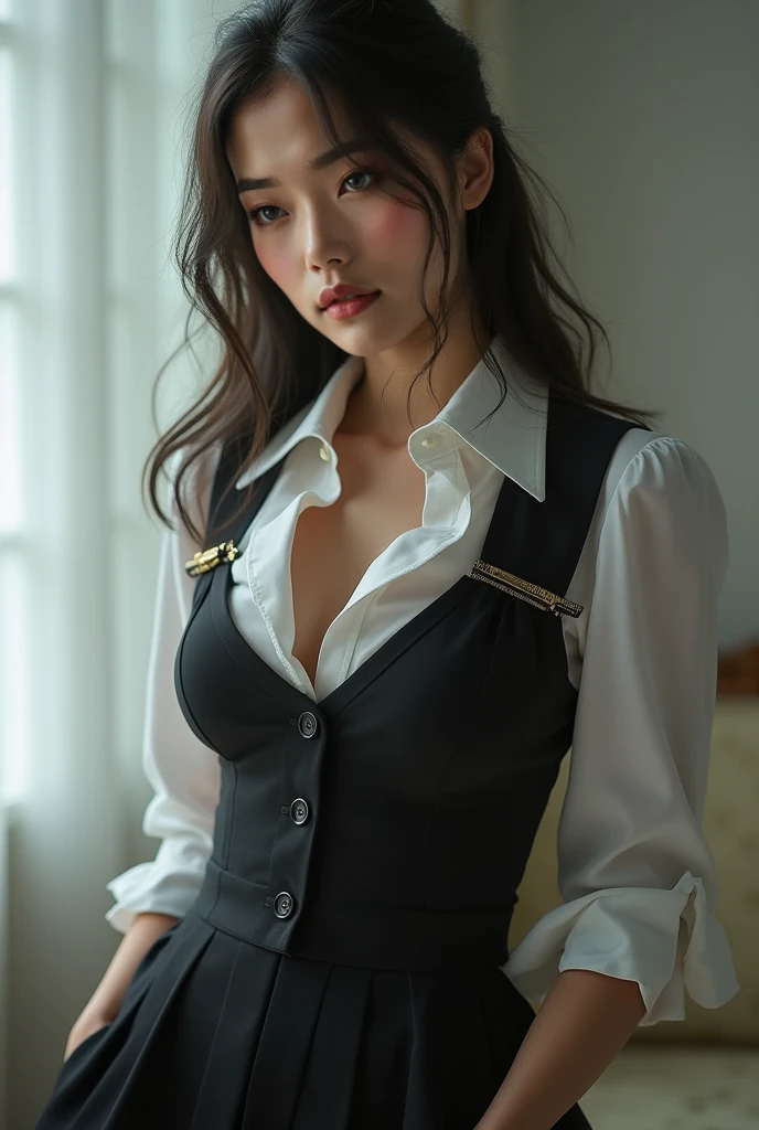 absurdres, RAW photo, extremely delicate and beautiful, masterpiece, Best Quality, ultra high resolution, 32k, hyperrealistic, realistic, photorealistic, photo-realistic, Real, ultra-detailed, Very detailed CG 8k wallpaper, detailed background, landscape, Beautiful Lighting, Perfect Lightning, Realistic Shadows, perfect anatomy, anatomically correct, ideal ratio body proportions, perfect figure, Perfect Style, Perfect balance, super Detailed skin, in her 30s, very Slim body, narrow waist, very small head, very small face, delicate facial features, handsome detailed woman, very detailed eyes and face, realistic face proportions, Realistic beautiful face, Realistic beautiful eyes, tearful mole, earring, whole body shot, legs, Thighs, Calves, very huge round tits, medium hair, asymmetrical hair, wavy hair, police uniform, skirt, shirt, vest,
