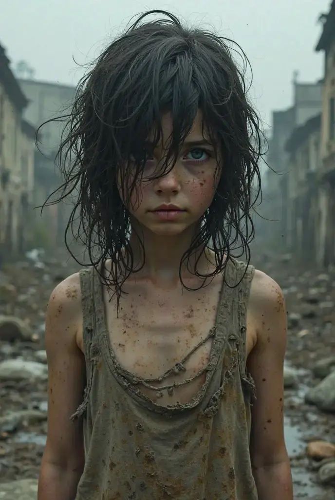 8k resolution, ultra high-quality, post-apocalyptic masterpiece capturing the haunting beauty of a world ravaged by radiation. The ultra-realistic depiction showcases the intricate details of a desolate landscape, with breathtaking realism (realism: 1.4). The original photo, enhanced with film grain (1.3), presents a harrowing scene of destruction and decay. The centered composition draws the viewer's attention to a lone figure, a young girl dressed in tattered pink clothes, her sapphire eyes shining with both innocence and resilience. The image captures the highest quality pull-ups for the upper body, symbolizing the strength and determination to survive in this bleak environment. This close-up shot reveals the intricate contours of her face, highlighting the realistic skin