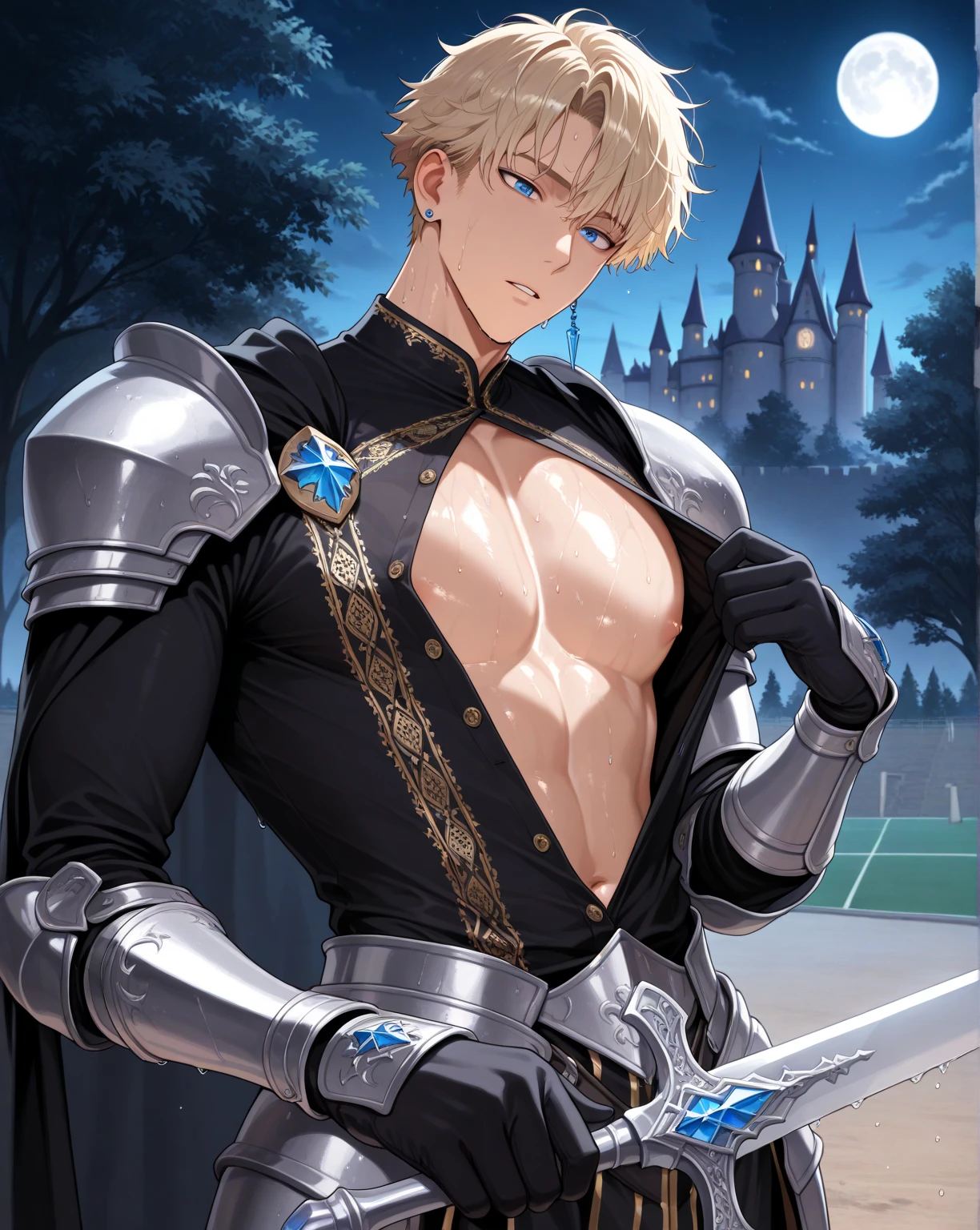 ((A young adult blond male dragoon wearing erotic armored leotard and armor plates rubbing and humping his crotch against his weapon that is positioned in between his legs)), he is breathing heavily and his body is twitching as he rubs the weapon in between his legs, ((NSFW)), hentai, porn, erotic, (((he is using weapon to masturbate and dry humping))), ((inspired by king of kinks hentai game)), ((eroge hentai)), (((sliding up and down with crotch against sword))), ((i want to orgasm)), ((swordplay)), (((his huge bulge is rubbing against sword handle))), 