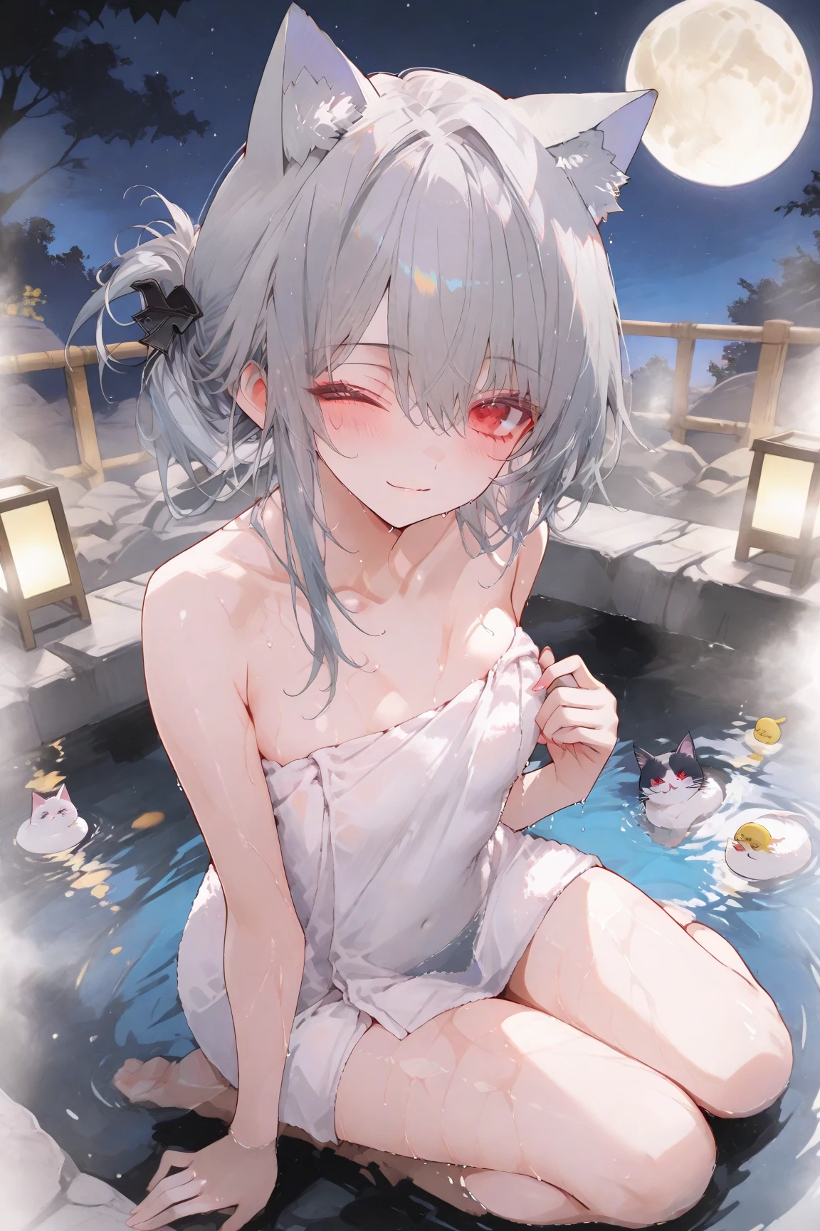 (((the 1girl))), bright red eyes, white hair, long black horns, wearing white nightgown, almost naked, almost nude, small breasts, wearing black thong, wet skin, sweaty skin, wet body. sleepy face, warm light, sun set, romantic atmosphere, candles, tired face, sad, smiling. Best quality, 8K, A high resolution, anatomically correct, masterpiece.
