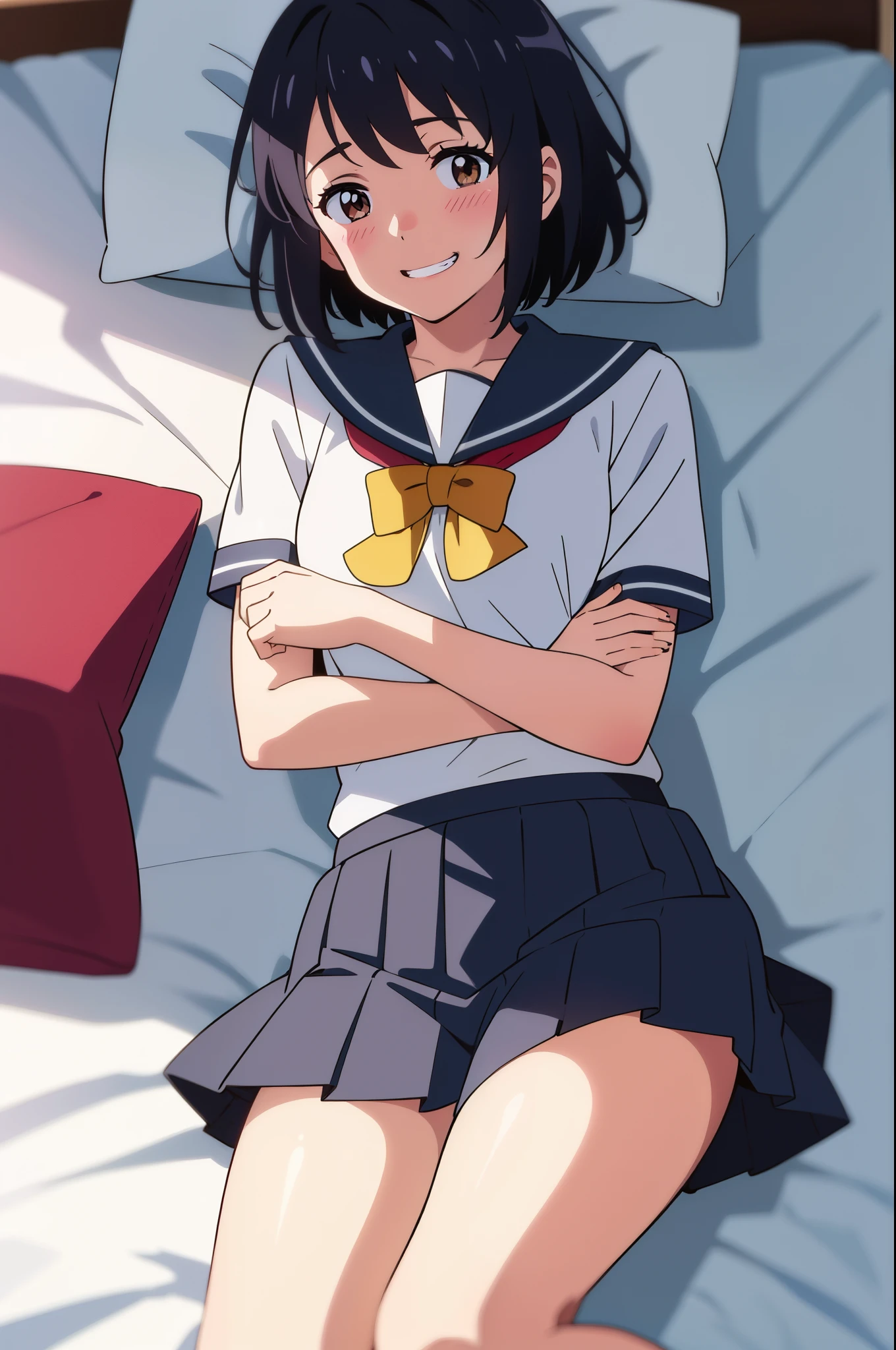 (masterpiece,highest quality,ultra high resolution),(perfect face, perfect body、perfect hands,pretty eyes),(kosaki onodera),(embarrassing、avert your eyes、blush:1.4),(small breasts),(uniform、Light blue collar、white shirt、Yellow tie、light blue pleated skirt、white socks),(love nest,Double bed、on the bed、sit:1.2),(Sweat、Sweatばむ、burn)