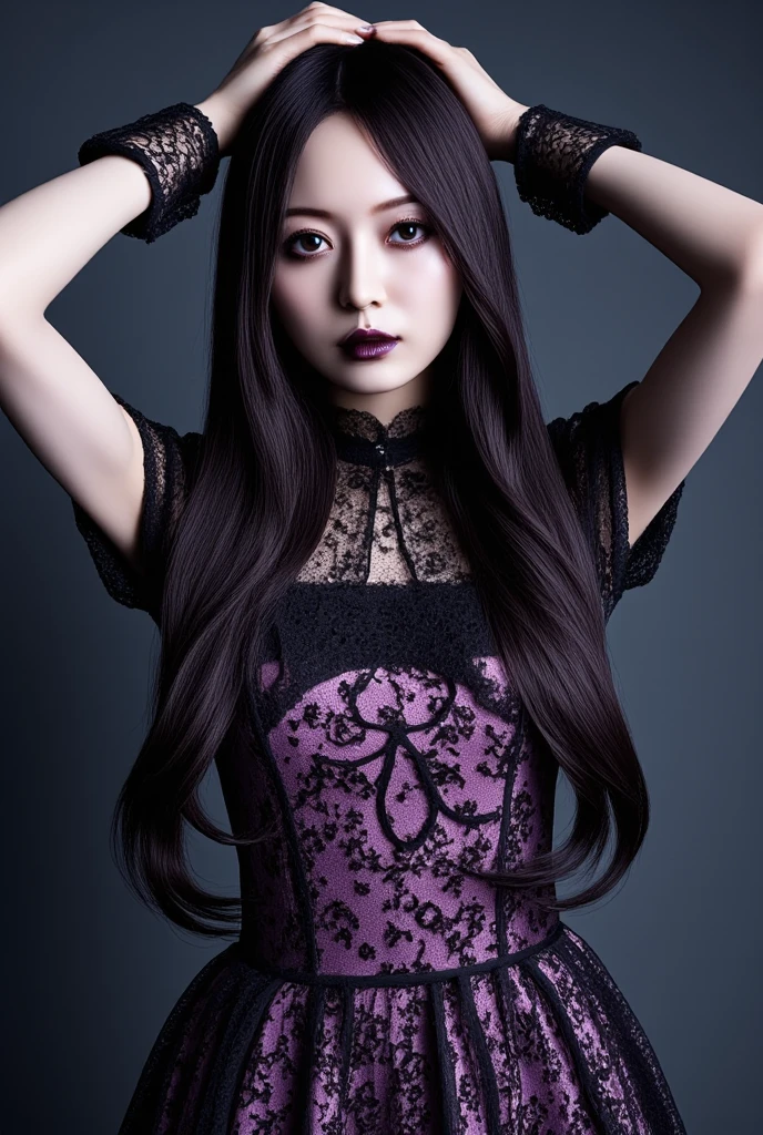 persephone, potrait de corpo inteiro de uma sedutora de cabelo violeta bonita fotorrealista, devilish, messy hair, em um jardim escuro, Inferno, sombrio, exotic black and violet vilain dress, coleira estilo gargantilha, olhos cor de sangue, Rosto detalhado, lo gothic, corpo inteiro, fantasia sombria, flores sangrentas, nublado, nevoento