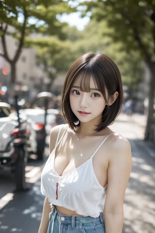 masterpiece, 1 beautiful girl, upper body, detailed eye, puffy eyes, top-quality, ultra high resolution, (8K), (reality:1.4), daytime, at park, cinematic lighting, asian beauty, super beauty, beautiful skin, body facing forward, (hyper-realistic), (highly detailed), (beautifully detailed eyes), detailed face, bright lighting, professional lighting, looking at viewer, facing straight ahead, cute dress, idol stage costume, light brown hair, bangs, short bob hair, brown eyes, Japanese idol, Korean idol, gravure idol pose, (accurate anatomy:1.1),