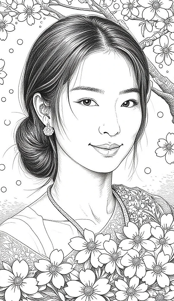 Chalk sketch , portrait, happy cute beautiful woman with a bouquet of cherry blossom, flawless almost no makeup detailed, intricate, chan-flux, Acrylian4, Lineart style:, black ink lineart, white chalk lineart, Charcoal lineart , Blended lineart ,chan-flux, ChalkBoardDrawing,chan-flux, aidmamj6.1 
