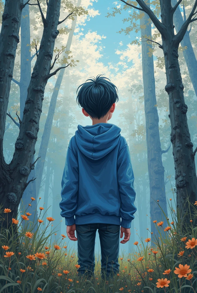 Little boy graffiti forest scenery on room wall，Place yourself in the color of the walls with doodles，Perfection blends in with painting。