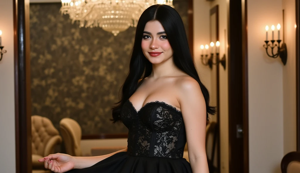 (Best quality, ultra-high definition, masterpiece: 1.1), Young woman with black hair and striped dress, social setting, (confident expression: 0.9), (SIMPLE POSING: 0.5), detailed facial features, natural makeup, (smiling with closed mouth: 0.6), (harmonious colors: 1.0), geometric patterns on the dress, vibrant and playful atmosphere, full-length shot, professional photograph, (background blur: 0.8) capturing the essence of youth and charm.