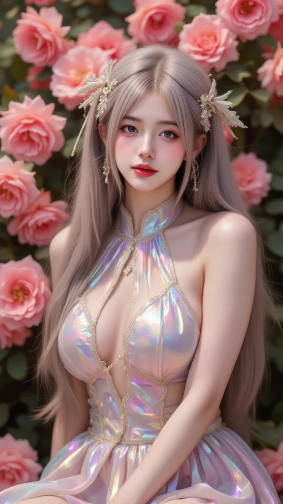 (Thin eyebrowouth closed)))))、((Very strong sunlight))、((((Beautiful silver hair))))、((Small Head))、(Beautiful silver hair with short wavy:1.2)、Full Body Shot、(((8K, Raw photo)))、 (((The face is that of cosplayer Enako))),(Shot from above in highly detailed 8K)、(Very delicate and beautiful)、(masterpiece)、(Highest quality:1.0)、(超High resolution:1.0)、Realistic Shadows、[High resolution]、 Detailed skin、Ultra-detailed、(Beautiful Hair)、Photorealistic、A vivid face、Big breasts and small waist、Realistic eyes、Small eyes、Looking at the camera、(((Between the breasts)))、(eyeliner)、(mascara)、 Pink lips、((Looks very happy))、Show your shoulders、Intricate patterns and transparent materials、Artistic depiction of a seductive woman, Accentuating her attractive silhouette。The scene was、Basking in the hot sun、It makes you feel the delicate beauty and charm of nature.。(((Intricate details))、Advanced Details、choker、Browsing Caution,((Highest quality、8K、masterpiece:1.3))、Sharp focus:1.2、 (((Patent purple and silver corset)))、((On the buttocks))