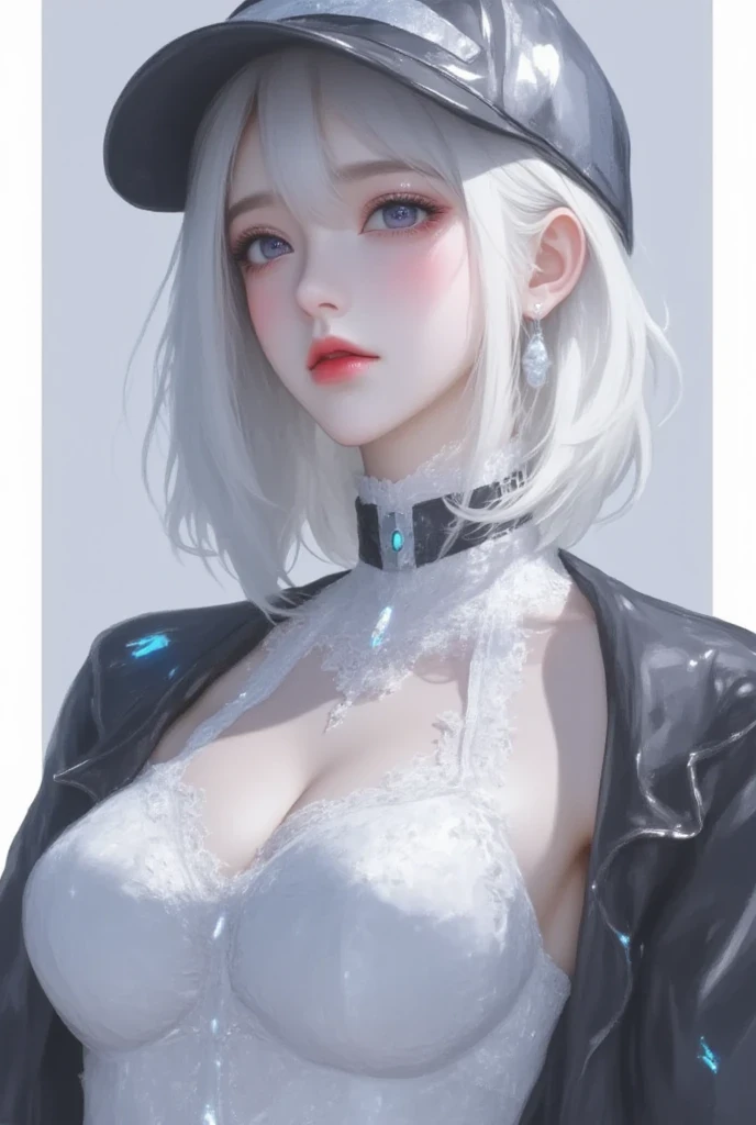 masterpiece, top quality, 4K, super high definition, mishoujo, 1 girl, (:0.9), beautiful eyes and detailed face, illustrations, Beautiful Detailed, high resolution illustrations, Shine_white_ particle, 1 girl, white hair, Light purple eyes, hair on one eye, short side tail, baseball cap,expressionless, window shade , black jacket, rig, Cyberpunk, Techwear,(Impressionism:1.4)