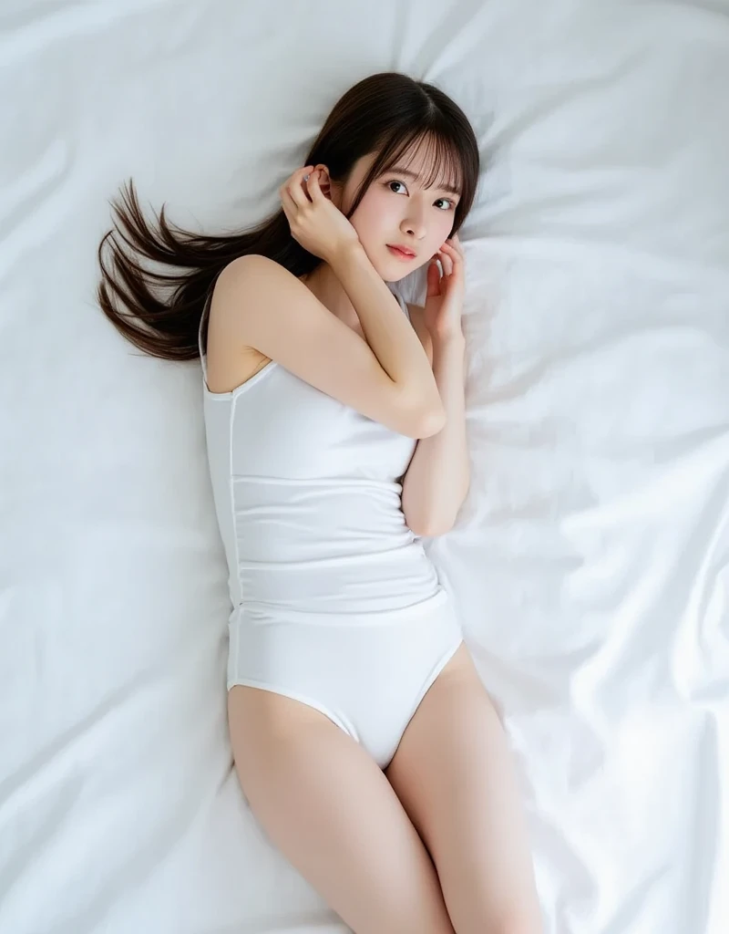 sleep1人の女の子(Very detailed image quality)極realistic skin texture、extremely detailed face(butt length hair、very long curly hair、Beautiful moist and manageable hair、smooth hair)((bright smile))、stare(Sexy 15 year old girl、small face、extremely beautiful face、natural makeup)(fair skin)(Glitter eyes)smooth skin、realistic skin texture ((interior old western building、Old floors、Bedroom、Are sleeping))(((white dress with zip in the middle、Micro Mini Length、The zip is boldly lowered、Breasts that look bold)))((Knee-high socks))((Bed、sleep、Can be seen below the knee))erotic pose、Stand up your legs、Extremely beautiful armpits、round beautiful breasts、beautiful cleavage、thin waist、constriction:1.2、big ass、Movie Writing、reflex board、face light、raise your arms、((((sleep:1))))(((Full body shot from above)))
