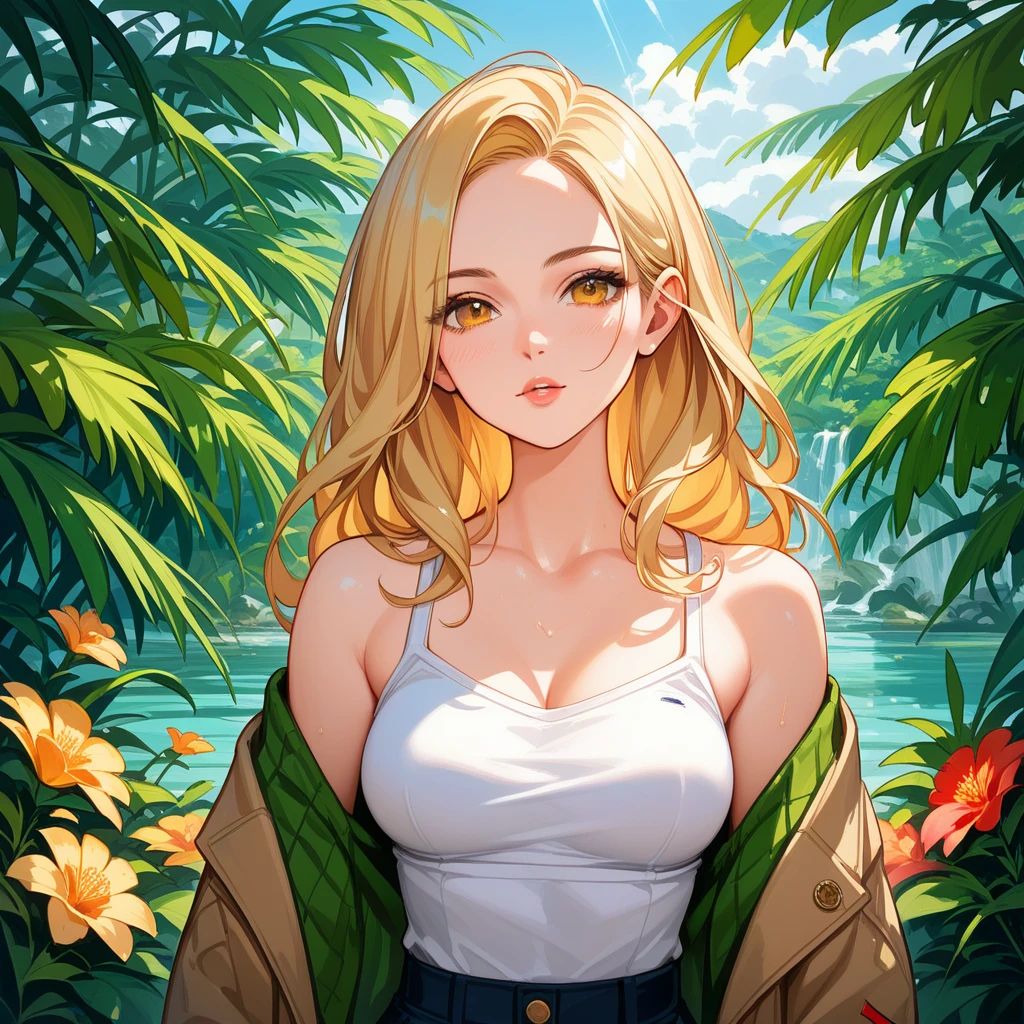 fcDetailPortrait, from_above, crop top, detailed face, yellow bodycon tank top, hair, park, sky, trees, pale skin, moonlight, stars, 1girl, statement sunglasses, woman,petite, vivid colors, bokeh background, subject for emphasis,dramatic colors,