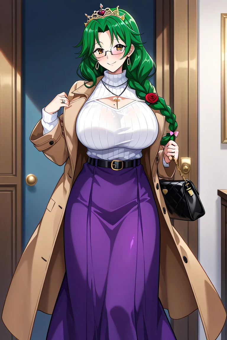 (harayutaka art style:0.7), (hero neisan art style:0.7), score_9, score_8_up, score_7_up, score_6_up, uncensored, sekhmet, magenta hair, magenta eyes, magenta lips, messy hair, very long hair, pale skin, BREAK glow effects, godrays, Hand drawn, render, 8k, octane render, cinema 4d, blender, dark, atmospheric 4k ultra detailed, cinematic, Sharp focus, big depth of field, Masterpiece, colors, 3d octane render, 4k, concept art, trending on artstation, hyperrealistic, Vivid colors, extremely detailed CG unity 8k wallpaper, trending on CGSociety, Intricate, High Detail, dramatic, BREAK huge breasts, 1girl, mature female, breasts, jewelry, necklace, solo, dress, pearl necklace, handbag, phone, ring, bag, earrings, cellphone, large breasts, covered navel, holding, green dress, taut clothes, pantyhose, looking at viewer, curvy, smartphone, holding phone, smile, selfie, jacket, mirror, happy, standing, black jacket, long sleeves, open clothes, open jacket, wedding ring, bead necklace, parted lips, beads, wide hips,