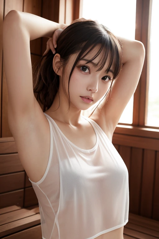 (from above, at bedroom, 1 girl, small breasts, medium long hair, white tank-top, camel toe, spread legs:1.5), fair-skinned, glossy lips, skinny, body type, delicate and sexy clavicle, highest quality, RAW photo, realistic, face, incredibly ridiculous beautiful girl, cute, Depth of bounds written, High resolution, ultra detail, detailed, Very detailed, extremely detailed eye and face, sharp pupils, sharp focus, cinematic lighting