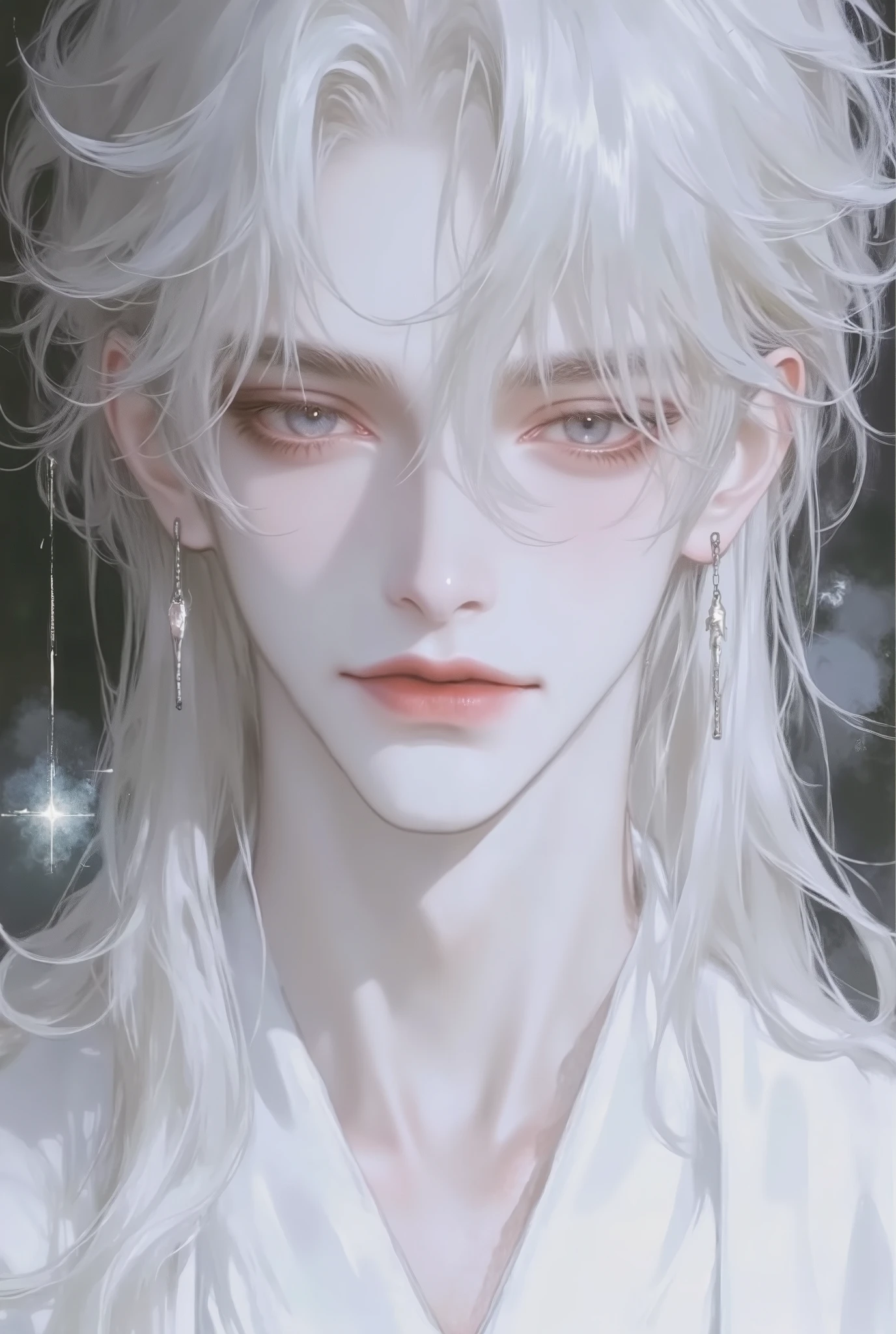 1 male, black eyes, cold and sharp eyes, semi-transparent and shimmering in a deep white hue, reflects light in an eerie and mysterious way, white and long messy hair, parted long bangs, orientalistic, japanese historical theme, white male kimomo layer by layer
It lacks a fixed shape, able to expand or contract at will, shifting into shadows or various forms as it pleases. It seems to possess the ability to alter its shape depending on the situation, adapting effortlessly to its surroundings.
pair of glowing black eyes, like a shadow with life and freedom.
the background is a picture that matches the picture, high quality, 8k, masterpiece, beautiful picture, tone matches the picture