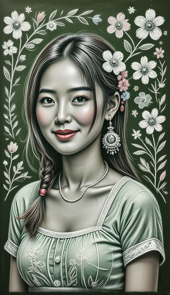 Chalk sketch , portrait, happy cute beautiful woman with a bouquet of cherry blossom, flawless almost no makeup detailed, intricate, chan-flux, Acrylian4, Lineart style:, black ink lineart, white chalk lineart, Charcoal lineart , Blended lineart ,chan-flux, ChalkBoardDrawing,chan-flux, aidmamj6.1 