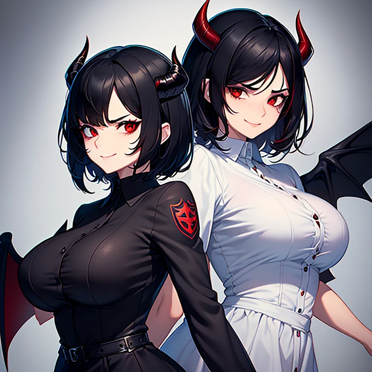 High detailed, 3 Vampire womans, busty, large breasts , firm chunky body, Vampire wings, finest dress, milf womans, matching hairstyles, matching uniforms, matching physique, smiling, bats flying around they, background a old castle