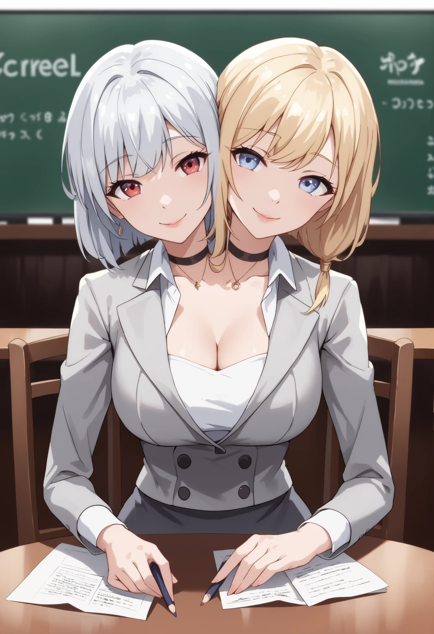 conjoined, 2girls, 2heads, two heads, a tall thin girl with 2 heads, blonde hair and blue eyes, white hair and red eyes, grey suit, grey pencil Skirt, black pantyhose, large breasts, front shots, sitting on chair, table, cafe, upper body