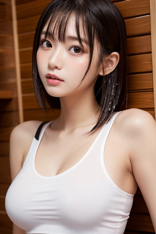 White T-shirt,JoJoJo,One girl, Underarm, Asian, bangs, Bare shoulders, Bathroom, Iris, Black Hair, blunt bangs, chest, brick wall, Brown eyes, Brown Hair, camisole, Sealing, chestの谷間, Mouth closed, clavicle, door, indoors, large chest, lips, Long Hair, View your viewers, nose, photograph \(Moderate\), Realistic, alone,, tile張りの床, tile wall, tile, toilet, Upper Body, wall, white camisole
