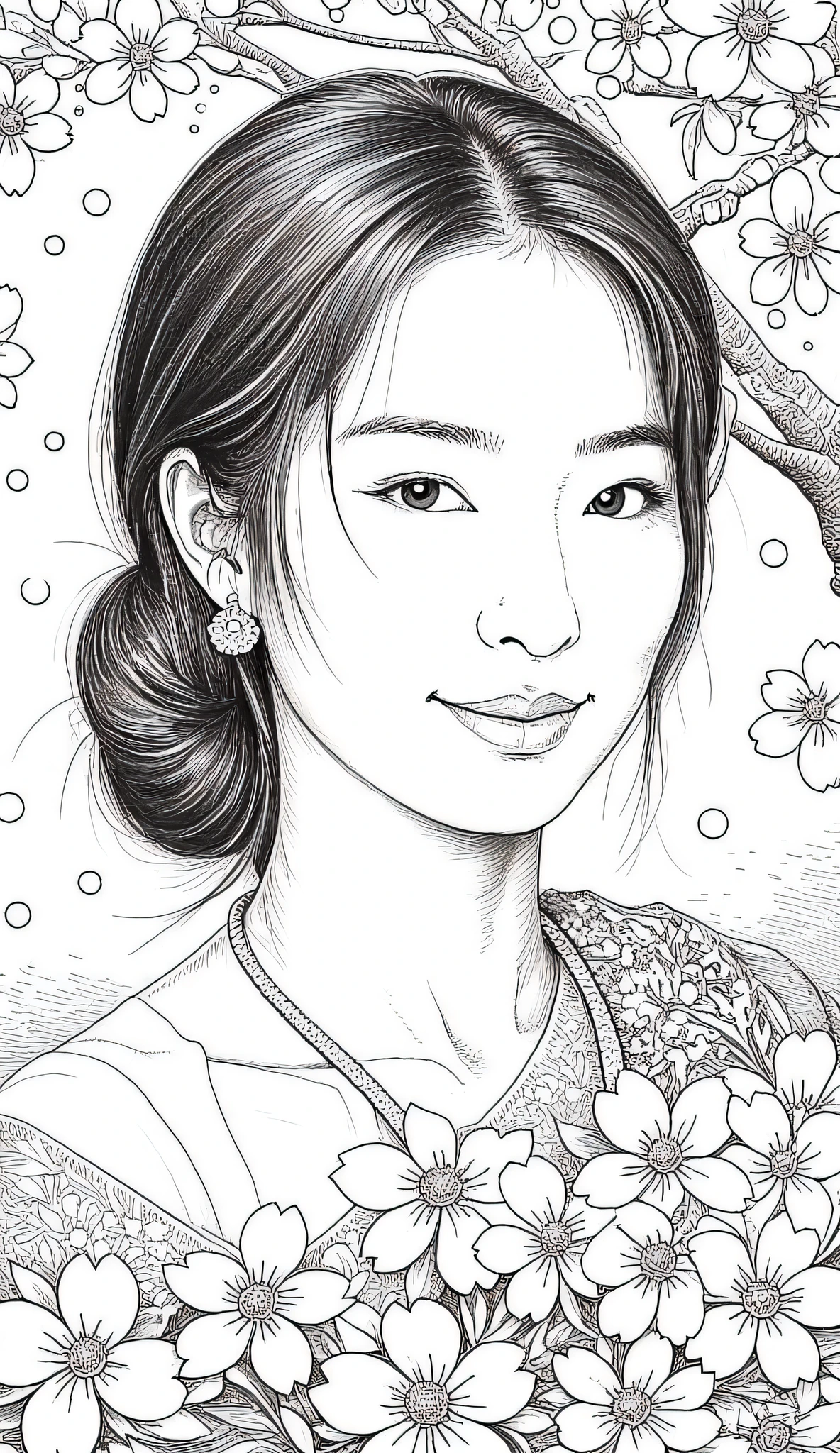 Chalk sketch , portrait, happy cute beautiful woman with a bouquet of cherry blossom, flawless almost no makeup detailed, intricate, chan-flux, Acrylian4, Lineart style:, black ink lineart, white chalk lineart, Charcoal lineart , Blended lineart ,chan-flux, ChalkBoardDrawing,chan-flux, aidmamj6.1