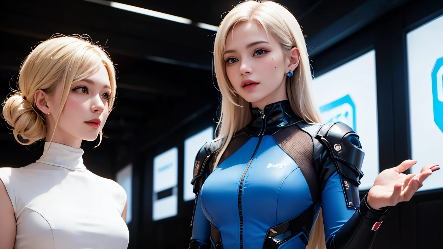 platinum blonde hairの若くて美しい金髪白人美女2人が離れて立つ, Young and beautiful 27-year-old sci-fi twins , アンドロイドスーツを着た2人のIrish Beauty, 鼻の高い高貴な若くて美しいIrish Beauty2人, cyberpunk 2 women, high neck android suit, young and beautiful 27-year-old Hollywood actress, diverse cyber suits, A clear blue sky during the day, High Neck Style , ung and beautiful white women from the aristocracy wear dress type high neck cyber suits, High Neck Style , business style settings, android suit outfit, High Neck Style で, operate a keyboard with LED light、skin with realistic texture、Separate the face、 gorgeous earrings、gorgeous necklace、 Blue Nail Polish 、 opens her mouth and laughs、platinum blonde hair、 Blue Eyes Shining Blue 、Blue Eyes Are Moisturizing、laughs happily、big blue eyes、16k,UHD,High Quality、Business Ads、Advertisement Photography、Real Photo、The head position is below the center of the screen、the distance between the face、Face height is below the screen、small breasts、 celebration、Pointy Nose、Irish Beauty, looks up、small breasts