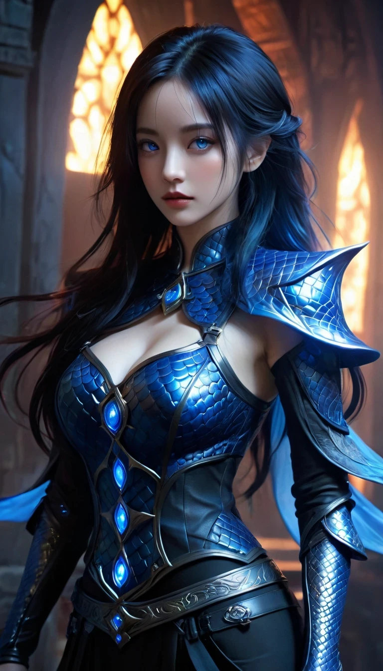 fair, elegant, Mild, Eastern, aldult (woman), curls (blue), face shape (charm) Sexy (Little mouth), Dragon Horn (blue), Large Breasts (Cleavage), Dragon scale armor ( blue), Ocean,