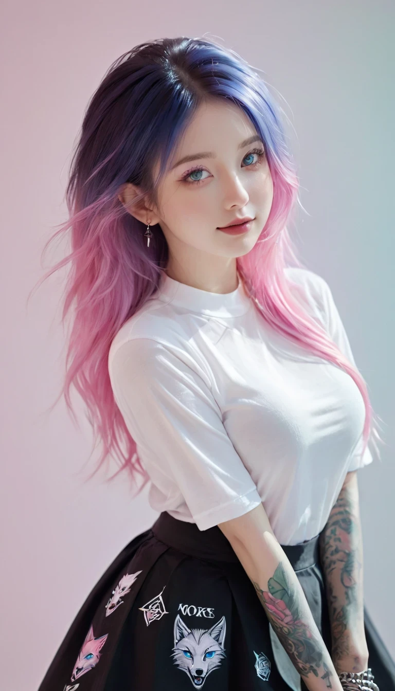 A woman with blue hair and pink hair，Wear a white shirt and jeans，There are flowers on it，Pink and blue background，Artgerm，animegirl，A realistic painting，Computer Arts