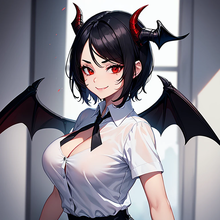 close up of face、black hair, red eyes, black hair, oni horns, slightly blushed、short hair、girl1、sit、study、uniform、School、smile, big breast, ((Squinted eyes, look of lust)), ero, sexy girl, anime style, 2.5D anime, anime eyes, red eyes, closed smile, (Biting lower lip), beautiful, gorgeous girl, female body, unbuttoning her shirt, View from below, mini skirt, black panties, sweating, low angle, cute face, (blushed)