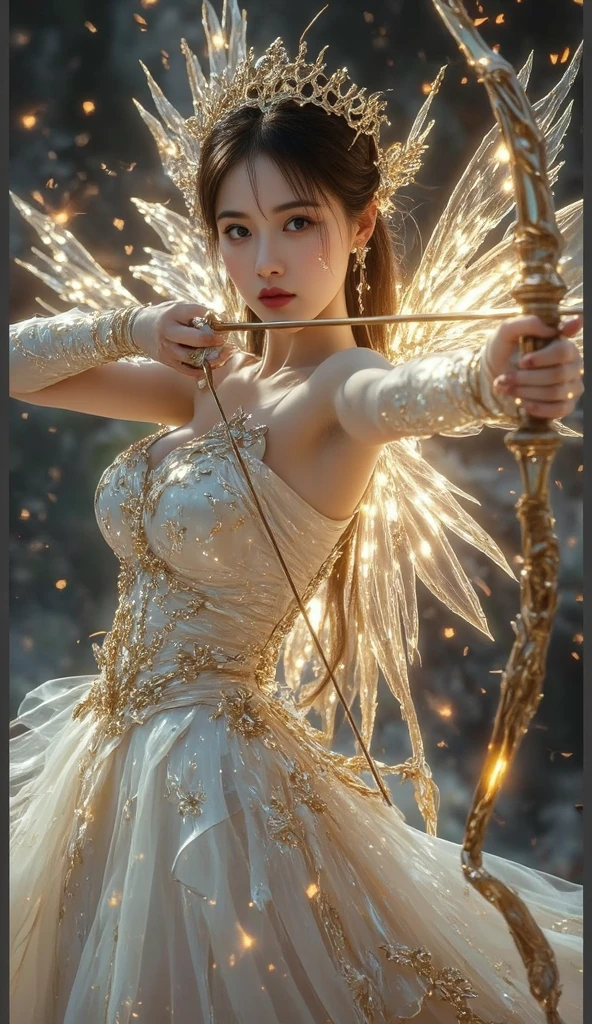 The girl has six pairs of wings,whaite hair,Wearing a cumbersome dress,The dress has high slits,The eyes have different pupils, one black and one red.,With a scepter in his hand,Overall very majestic