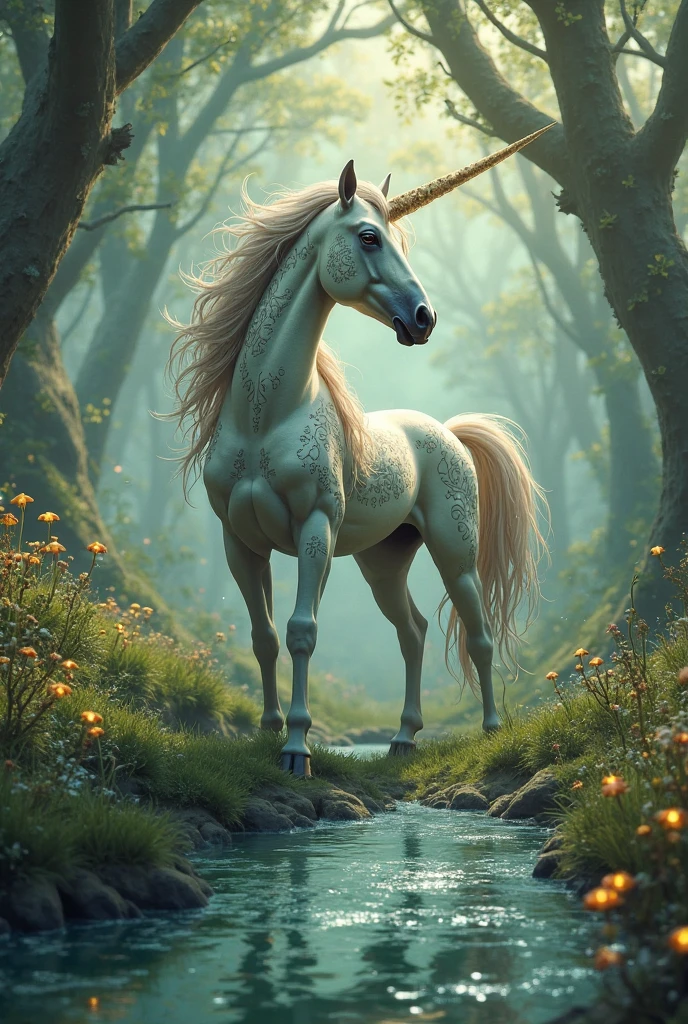 a picture of a unicorn in a forest clearing, an epic unicorn (best detailed, Masterpiece, best quality)  watching a forest clearing, there are plenty of trees and flowers, a stream of water, fairies flying around, sunset light, sun rays, DruidMagicAI, fantasy art,magv1ll, D&D art, RPG art, magic-fantasy-forest, ultra best realistic, best details, best quality, 16k, [ultra detailed], masterpiece, best quality, (extremely detailed), ultra wide shot, photorealism, depth of field, hyper realistic painting