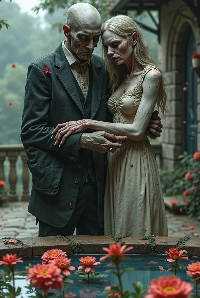 style-abandoned2, (best quality:1.4), (ultra highres:1.2), (photorealistic:1.4), (8k:1.2),
a zombie bride and groom in a passionate embrace in a church, detailed faces:1.3,
,(natural light),(rim light)