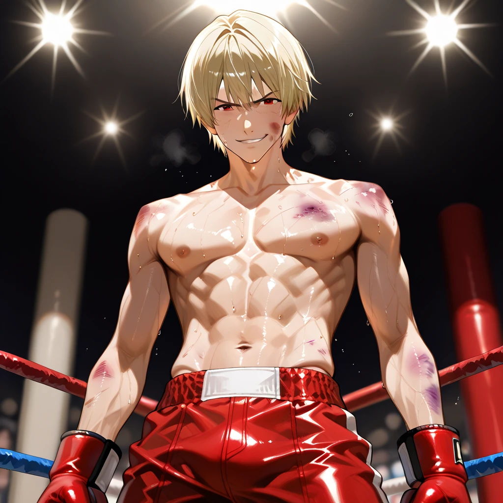 1guy, solid dude, gallant beau, blonde, tsurime, sanpaku, blue eyes, spiked hair, 24yo, heavy weight muscular, handsome wrestler, stocky waist, BREAK ideal ratio body proportions, sharp eyes, beautiful detailed eyes, toned body, elder chinpira, dark pupil, masculine playboy, builtfat, tough caucasian, BREAK solo, topless, black wrestling bikini, nipples, abs, fighting stance, on wrestling ring, detailed background, hollywood action, provocative smile, BREAK upperlegs focus, dramatic expression, 1990s, in capcom art style, in color comic style, in game illustration style, depth of field, dutch angle, cinematic shadows, cinematic lighting, lens flare, light leaks, VHS Quality, texture, absurdres absolutely resolution, extreme all detailed, greatest painting, BREAK masterpiece, best quality, BREAK score_9, score_8_up, score_7_up, source_anime, rating_safe, score_6_up, score_5_up, score_4_up