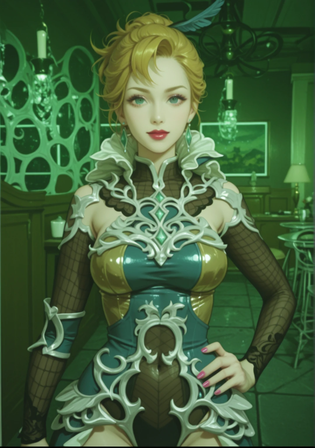 ((((full focus)))),((((((full body)))))),(((facing us))) ,(only one girl),(((((only one body))))),((((anatomy correct)))),(((Cute little girl face))), ((((Stocking tights that wrap around the whole body)))),(((((The clothes are in Chinese Queen mix Chun_li style)))))),(((((The clothes are silver and gold and red and copper and white and green and blue and pink and Khaki)))),((((Corsets and Multi-layer collar and metallic luster)))),((((Silver tattoo)))),(((((Patterned ))))),(((((latex All-inclusive tights ))))),(((((((latex))))))),((((Holding a book in both hands)))), seductive costume, light smile,((((lace pantyhose and Ribbon leggings)))), (((Long blonde hair with double ponytail))),((((Smooth metallic shiny skin)))) ,((catsuit)),((pantyhose)), ((Mary Jane shoes)) ,((((Dog-like Squat the toilet with open legs with Hands on the ground)))),(( on the window of the living room)),((A plump body)),(((Sticking out his tongue, rolling his eyes, drooling and giggling))), (((super heavy makeup))),very huge breast , Very slender waist, Very detailed details, Ray traching, ray tracing, ccurate, high details, award winning, textured skin, masterpiece, highre
