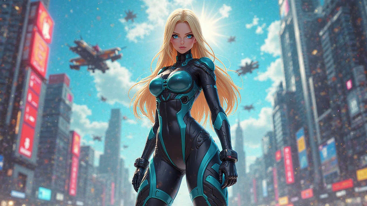 beautiful woman, blonde, captivating green eyes, female warrior, half cyborg, silver metal, triumphal pose, full body shot, realistic city background