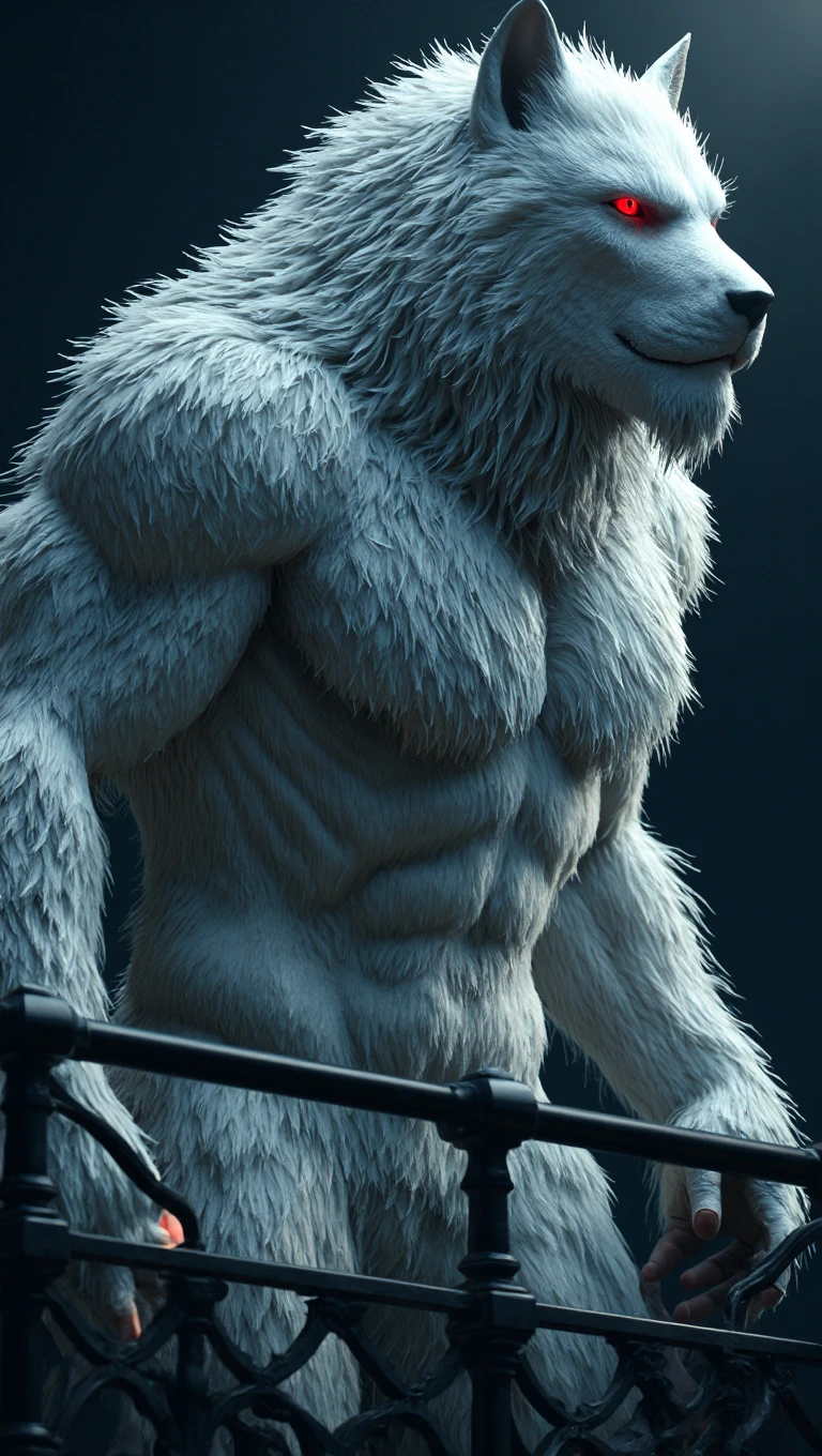furry white wolf on his back squat long fluffy tail blue eyes blue background 