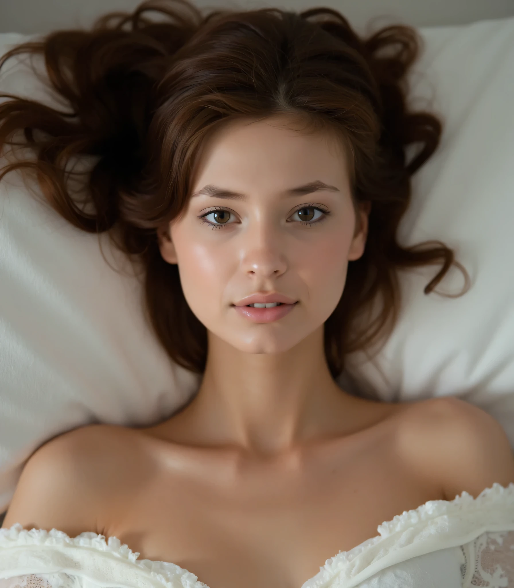 girl in bed，milky white skin，Soft portrait shooting，clear lips and high quality， 8k resolution，HDR，UHD，professional shooting，Realism，realistic，with exquisite details，has bright and eye-catching colors，Bokeh effect，sexy delicate white bra，Cardigan，Cleavage，（orgasm：1.5），Embarrassing Expression， gnaw teeth，（（Pain tolerance）），Frown.