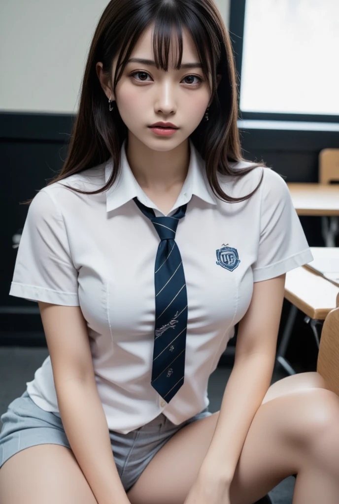 (1 girl), (sexy look:1.5), (flat chest:1.3), (very detailed目, very detailed顔), (超realistic, High resolution), (highest quality:1.4), (hyper quality), realistic skin texture, RAW photo, (realistic, Photoreal:1.37), very detailed, professional photography, (school uniform, pleated skirt:1.3), (look at me), (School, classroom), ((Meet me face to face:1.4)), (from below:1.3), realistic private parts, lace panties, Japanese high school girl、超highest quality、masterpiece、超High resolution、Depth of written boundary、(Photoreal:1.4)、(Award-winning photo、信じられないほどのmasterpiece:1.3) 、RAW photography、golden ratio、Highly detailed CG Unity 8k wallpaper、detailed and complex、original、High resolution、RAW photo、(perfect body shape)、detailed and complex、Digital single-lens reflex camera、soft writing、(background person blur:1.1)、Sigma 85mmF/1.4、50mm Lenac lighting、nffsw、hyper real、color grade, Rear view,from below:1.3), (((hold the hem of her skirt, she spreads her legs and shows off her real pussy.:1.4))),