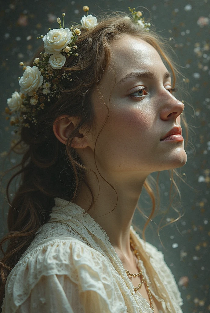 (symmetry),centered, a ((fermer)) un portrait, (jeune femme ), une jeune femme blanche avec le visage de Marguerite Moreau, mince avec de beaux cheveux long chatains clair ,Dressed in a long white and blue dress,35 mm, peau nu naturelle, Hyper detailed eyes, hyper realistic, Detail of clothing, Texture 8k, 8k, insane detail, intricate high detail, hyperdétaillés, Realstic, soft cinematic light, Hdr, mise au point nette, ((((cinematic look)))), Background dim lighting, complexe, elegant, highly detailed