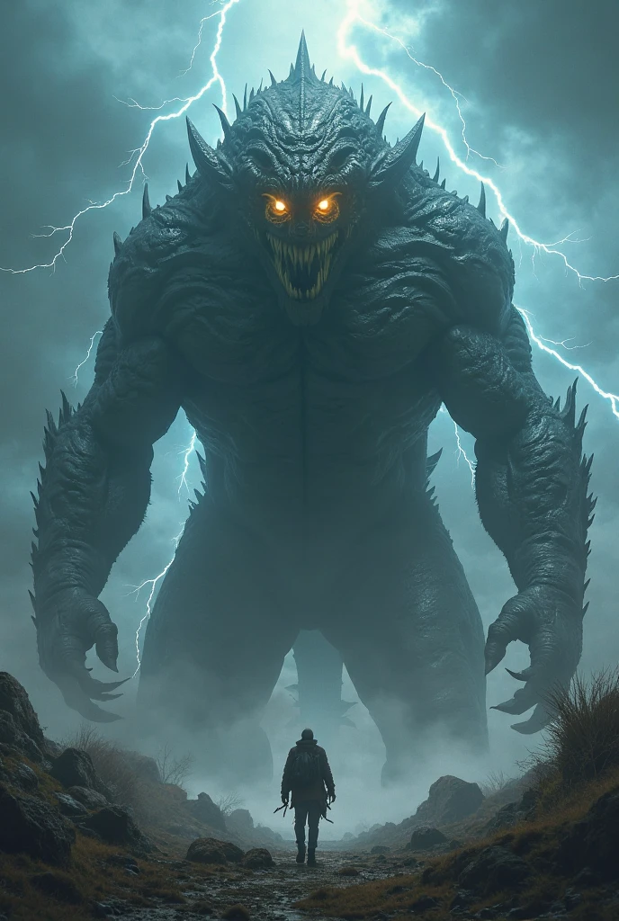 A very detailed painting, Dark world, Depicts a man have a weapon on a hill gazing at a giant alien monster lightning rain breath, author:Shinkai Makoto, By Art Jem, From Wlop, author:Greg Rutkowski, Volumetric Lighting, Octane Rendering, 4K resolution, Popular on artstation, masterpiece ,flame magic
