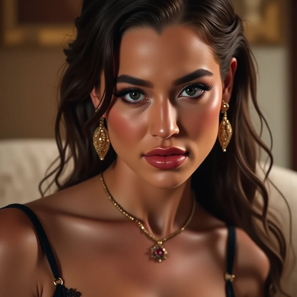 Retrato em close-up da deusa escandinava loira sentada em uma cama, licking lips, Rosto de Elsa Hosk, (Peitos grandes:1.5), clivagem profunda, large elaborate amber necklace, vestindo rendas vermelhas finas transparentes, Olhos azuis claros, cabelos ondulados loiros dourados, red lips, olhar sedutor, Volumetric lighting, fotorrealista, Fundo de Valhalla, ultra detalhado, best quality