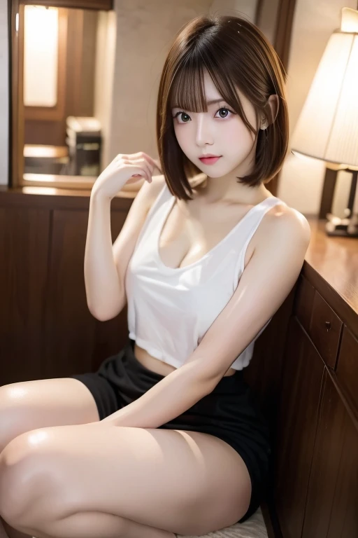 ((Best of the highest quality, 8k, Masterpiece: 1.3, raw photo)), Sharp focus: 1.2, (1 AESPA girl: 1.1), (Solo: 1.18), (realistic, photo-realistic:1.37), face focus, cute face, (Small breasts, flat chest, Thigh: 1.3), messy short hair, pony tail, (Girls' High School Uniforms:1, or naked), cafe, books, flower, cinematic lighting, hands up,