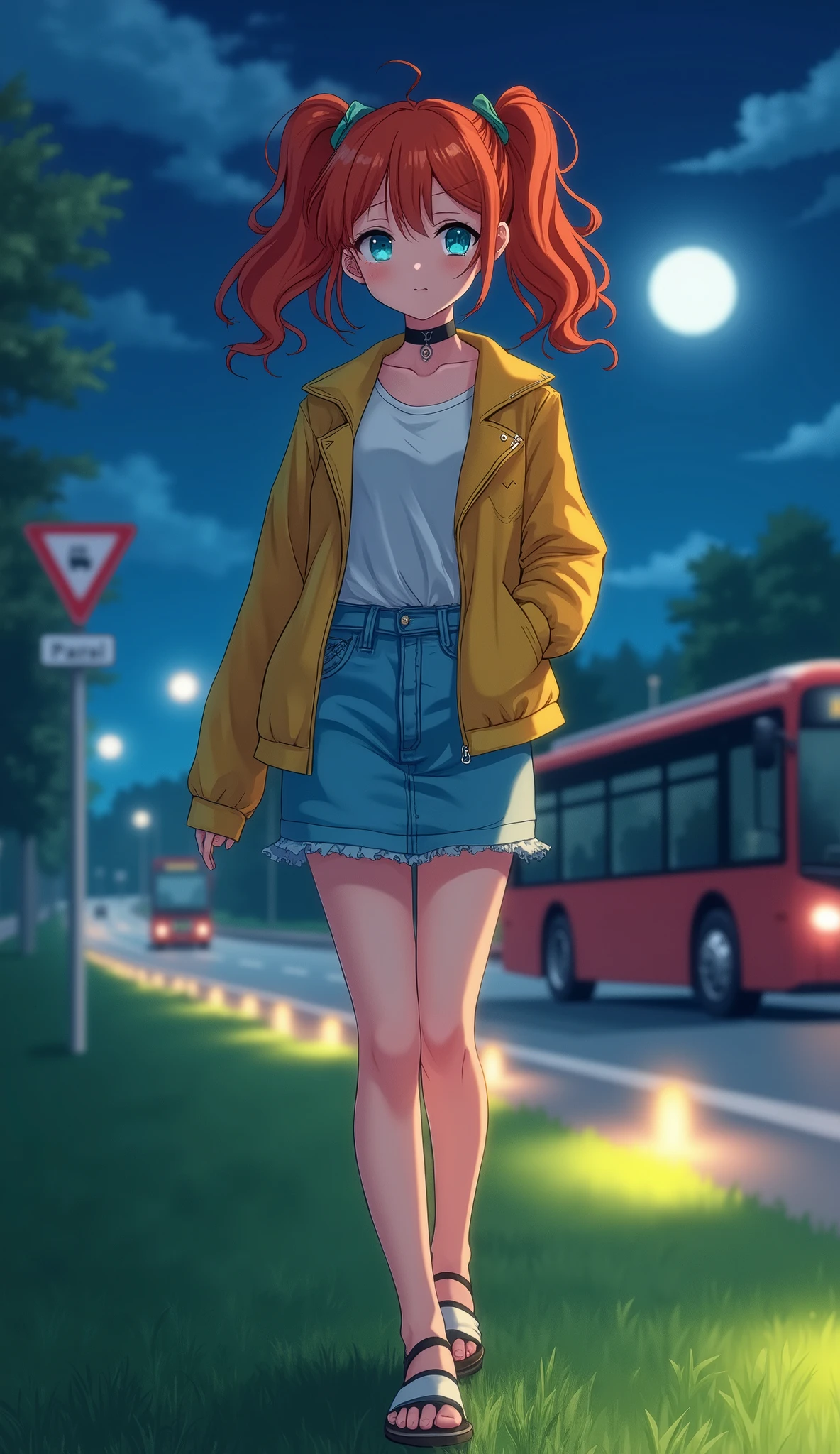 ((RAW Photo), Absurdres, (Absurd Resolution)), (((draw this photo: an anime girl, in the real world, both realities in one photo))), (blue eyes with luminous green), (beautiful girl, 21 years old, haiz_ai, cknc style, full body), (young red-haired girl, with two pigtails, curly hair, carrot color), (sky blue denim miniskirt, white blouse, open yellow leather jacket), ((walks along the edge of the highway)), green grass illuminated by spotlights, road signs, bus, night view, (background: full moon), «SunPuma S»