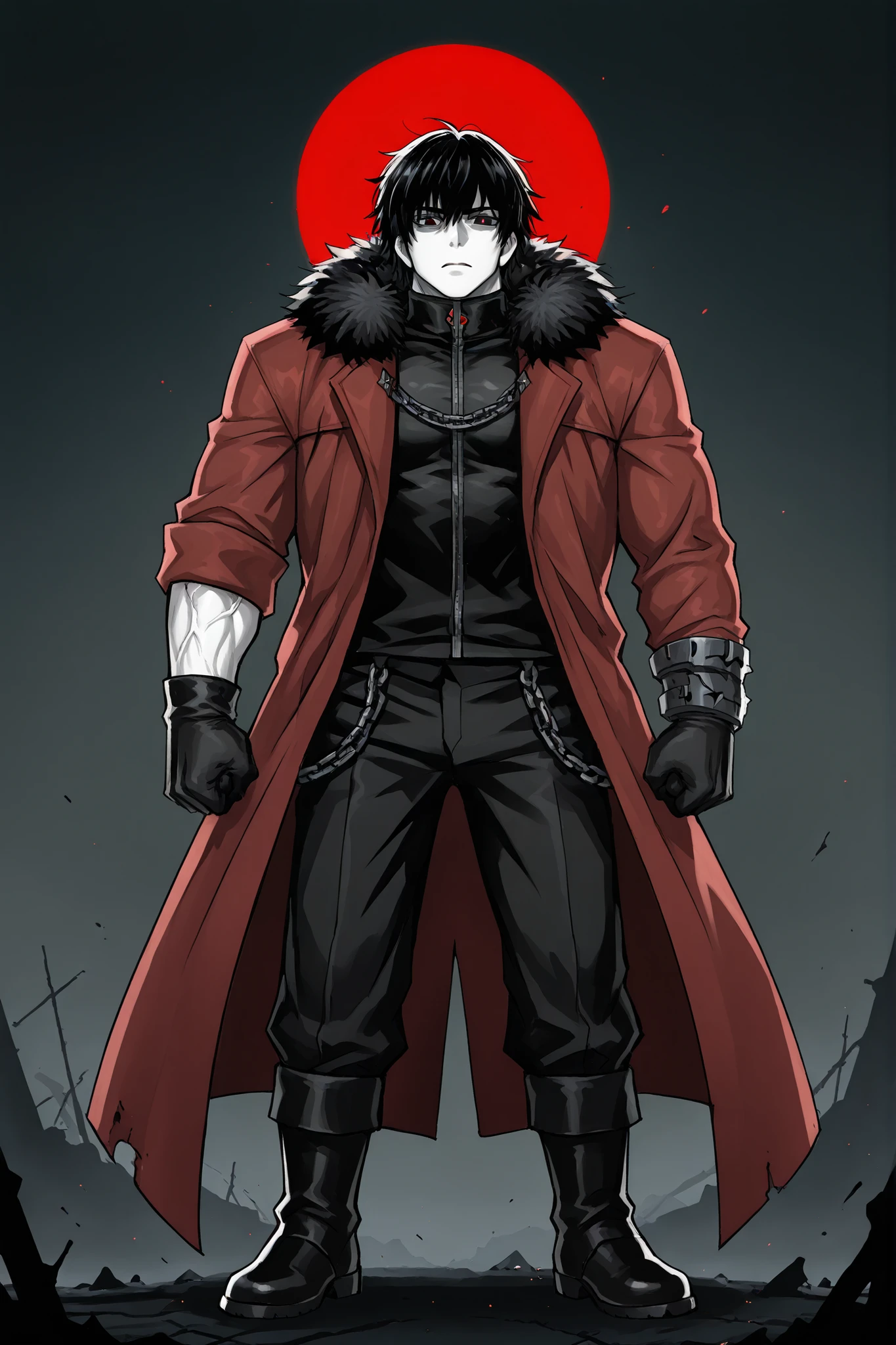 bates is a tall and very large Man with White Skin and Red Messy Hair,Black Eyes with His Red Pupils Glowing. Clothing:Red Long Coat Open To Expose His Muscles,Grey lining and a fur collar in his coat,Black Leather Gloves with Black Fur in his WristsBlack pants and Chains of Infinity in his side of the pants,black boots Eyes:Black Eyes With Red Pupils and He has incredible strength, being able to lift a fully grown man into the air with one arm.