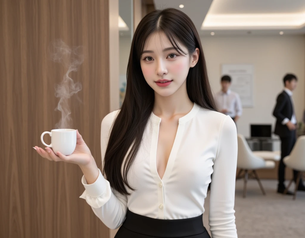 1lady sitting, holding a mug, office worker outfit, beautiful mature female, brown hair, bangs, light smile, (masterpiece best quality:1.2), delicate illustration, ultra-detailed, /(modern office indoors/), night skyscraper, Busty Big Breasts, sexy, seductive, 8K resolution, High quality CG, Beautiful CG, Soft Light