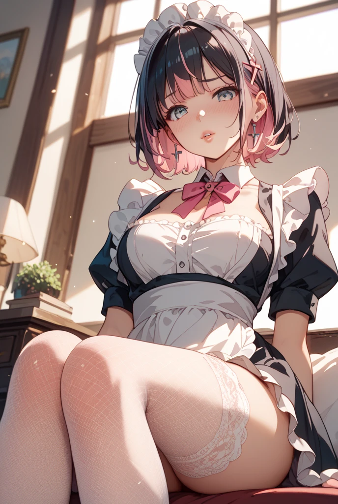 (\mina ashido)/,(\boku no hero academia character)/,(\Image correction)/,(\perfect eyes)/,(\High image resolution)/,(\High image graphics)/,(\wearing)/,+,(\dressed as a maid, and maid's clothes and super revealing on the back, I lowered the short skirt a lot, showing the legs, and a little of the panties, and the part of the apron at the back of the skirt is very low, showing the delicious buttocks, and on the top of the maid uniform it looks like a very short and sexual bra, and she has a big ass and super big breasts, she is super busty and has really big buttocks)/