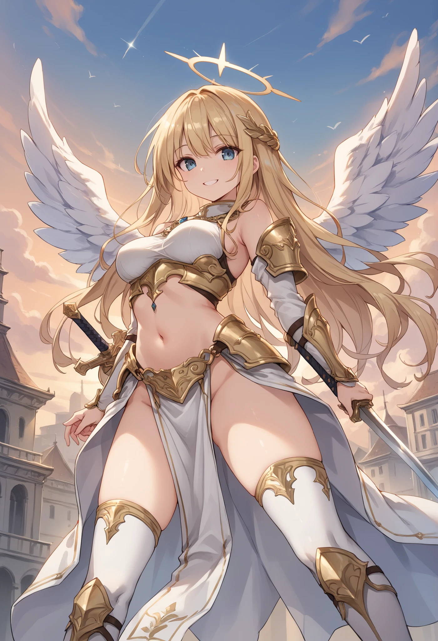 4K,High resolution,One Woman,Harpy,bionde,long hair,Blue eyes,Big Breasts,White Wings,Golden toenails,Samurai,白色のSamuraiの鎧,Sideboob,Full Armor,hair band,Jewelry decoration,Medieval village