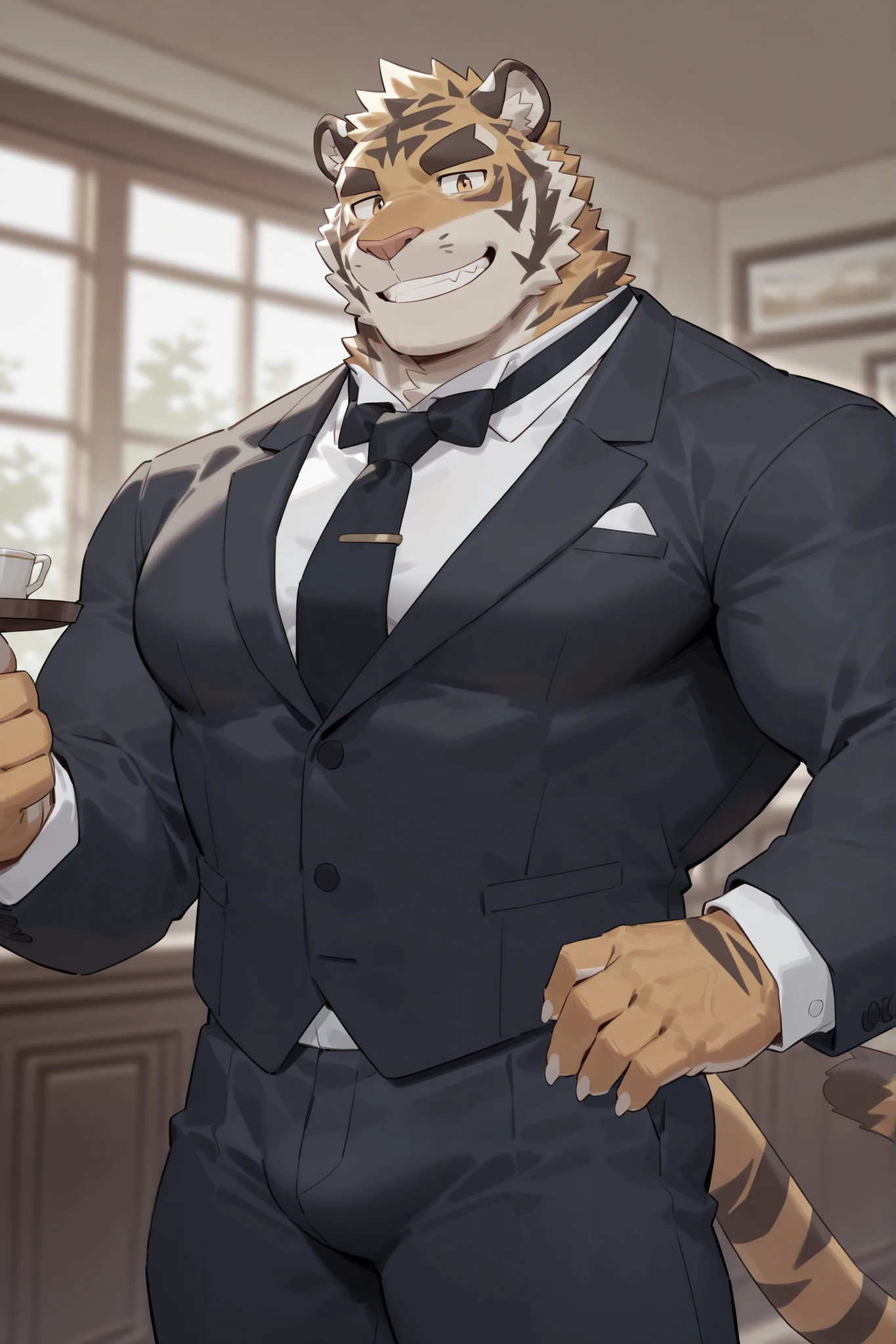muscular tiger man,butler,large pectoral muscles,chapel,smiling
