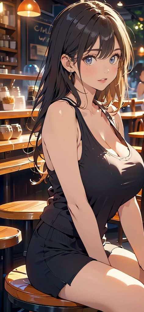 1girl,asuna,asuna \(sao-alo\), sword art online,yuuki asuna, brown eyes, brown hair, long hair, bangs, braid,sitting, holding cup, smile,closed mouth,large breasts,brown hair,parted hair,long hair,red dress,halter dress,plunging neckline,center opening,cleavage,navel,earrings,bracelet,people,multiple boys,restaurant,