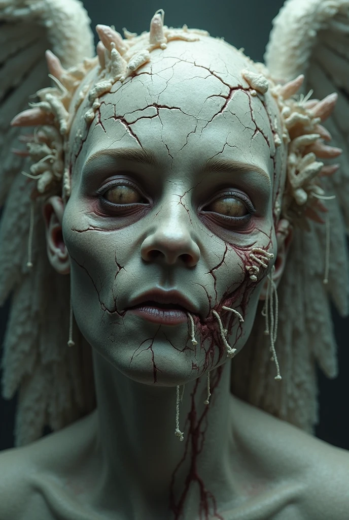 horror picture，Woman's head in a flower pot，No eyeballs，open mouth，bleed，night,