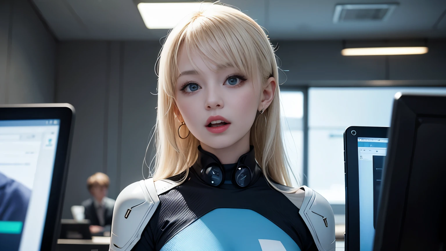 platinum blonde hairの若くて美しい金髪白人美女2人が離れて立つ, Young and beautiful 27-year-old sci-fi twins , アンドロイドスーツを着た2人のIrish Beauty, 鼻の高い高貴な若くて美しいIrish Beauty2人, cyberpunk 2 women, high neck android suit, young and beautiful 27-year-old Hollywood actress, diverse cyber suits, A clear blue sky during the day, High Neck Style , ung and beautiful white women from the aristocracy wear dress-type high-neck cybersuits, High Neck Style , business style settings, android suit outfit, High Neck Style で, operate a keyboard with LED light、skin with realistic texture、Separate the face、 gorgeous earrings、gorgeous necklace、 Blue Nail Polish 、 opens her mouth and laughs、platinum blonde hair、 Blue Eyes Shining Blue 、Blue Eyes Are Moisturizing、laughs happily、big blue eyes、16k,UHD,High Quality、Business Ads、Advertisement Photography、Real Photo、The head position is below the center of the screen、the distance between the face、Face height is below the screen、small breasts、 celebration、Pointy Nose、Irish Beauty, looks up、small breasts