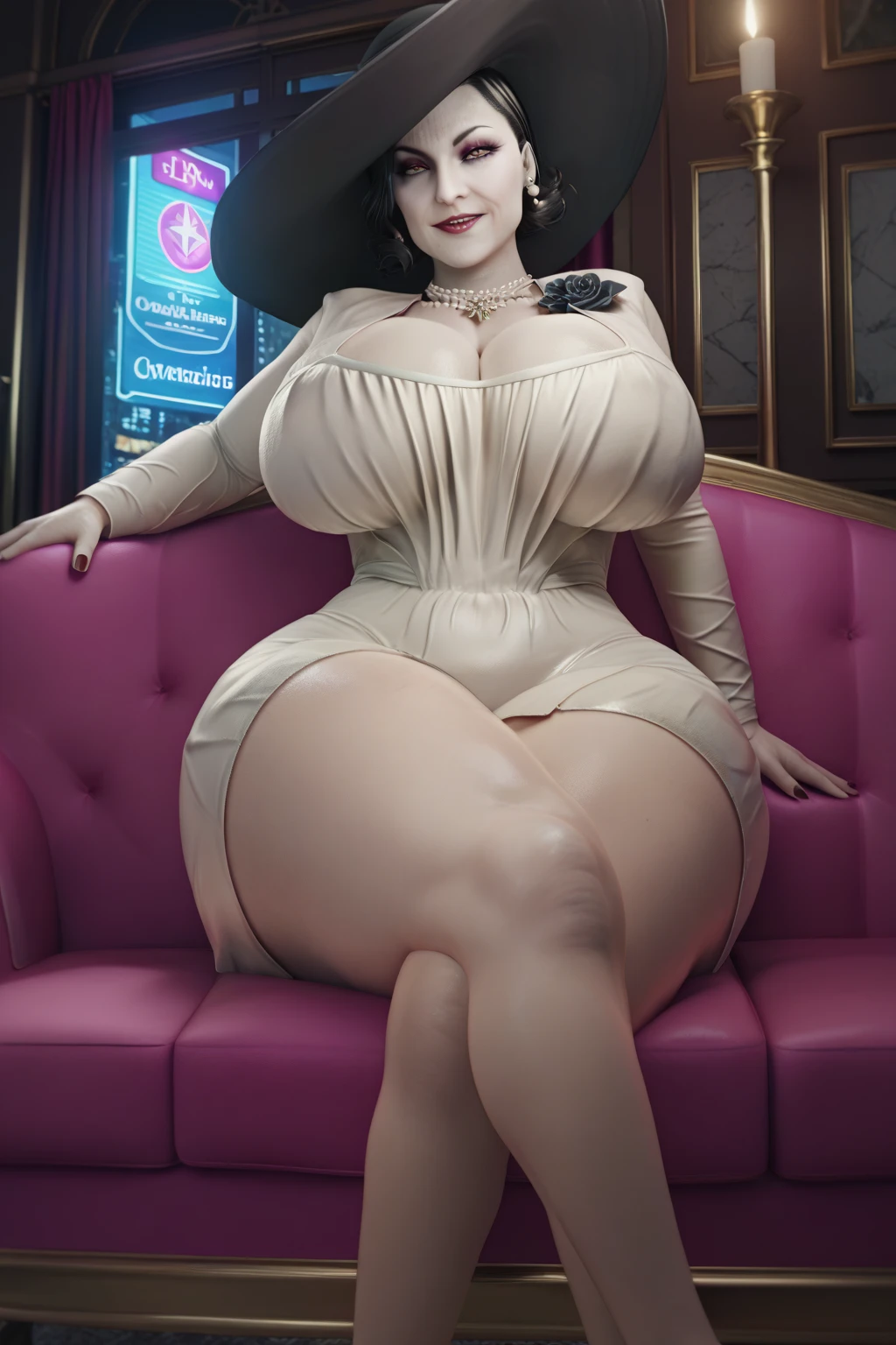 Woman, big chest, sitting, legs spread.